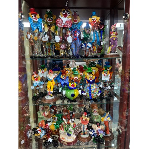 349 - Murano Clowns, extensive Murano glass clown collection with variety of sizes and designs. Largest me... 