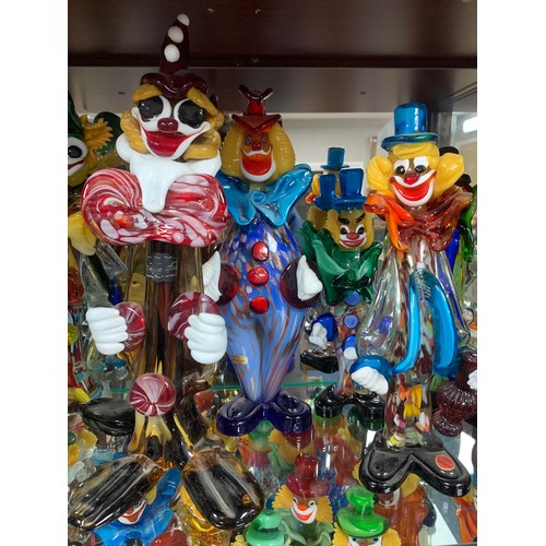 349 - Murano Clowns, extensive Murano glass clown collection with variety of sizes and designs. Largest me... 