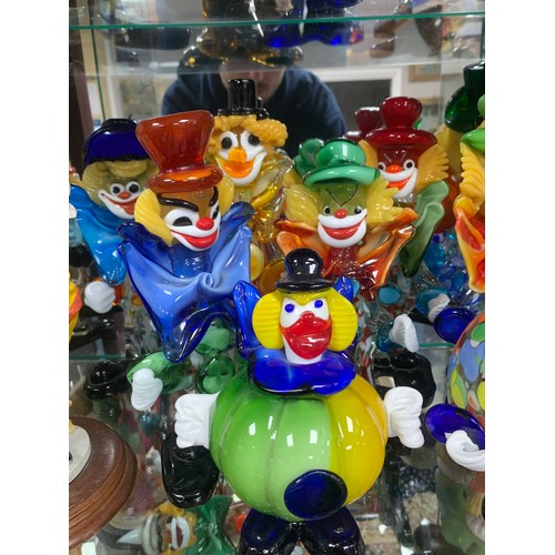 349 - Murano Clowns, extensive Murano glass clown collection with variety of sizes and designs. Largest me... 