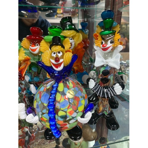 349 - Murano Clowns, extensive Murano glass clown collection with variety of sizes and designs. Largest me... 