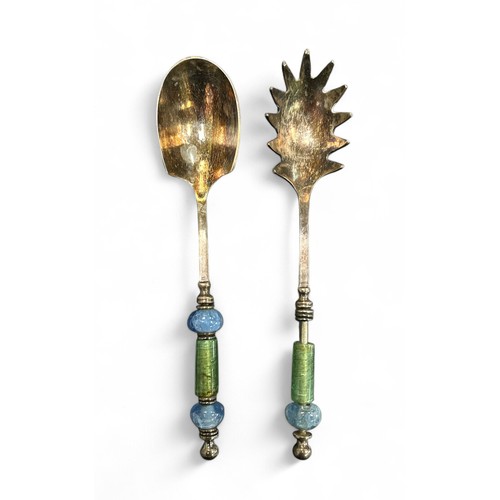 134A - Pair of Salad Servers with Coloured Hard Stone Handles.