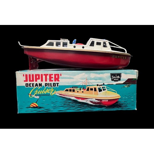 241 - Sutcliffe Jupiter ocean pilot tinplate clockwork boat with key and unattached mast, generally excell... 