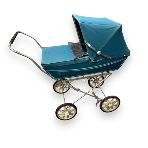 235 - Silver Cross Dolly Pram. Aqua Blue carriage, with inner lining. On metal collapsable frame