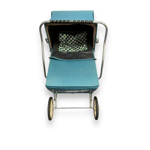 235 - Silver Cross Dolly Pram. Aqua Blue carriage, with inner lining. On metal collapsable frame