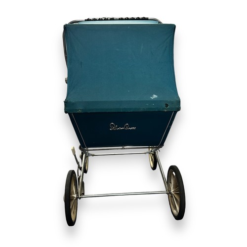 235 - Silver Cross Dolly Pram. Aqua Blue carriage, with inner lining. On metal collapsable frame