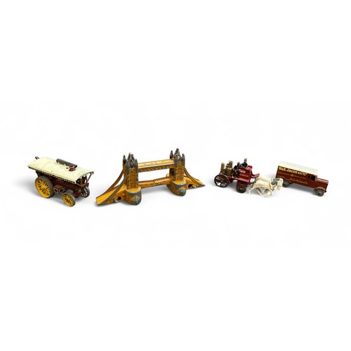 25A - A small diecast range to include Matchbox vehicles (3) and Eebee Tower Bridge model with lifting bri... 