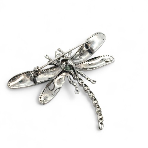 11 - A large silver dragonfly brooch and pendant (combined) set with an oval light green tourmaline and d... 