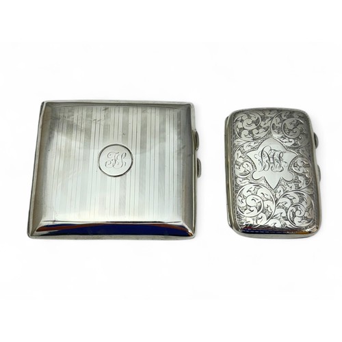 177 - Two silver cases. A silver cigarette case with engraved line decoration and monogram to front, hallm... 