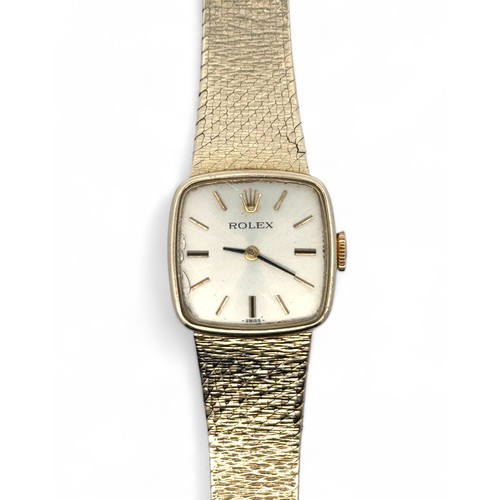 136 - Rolex - a ladies 14ct gold watch on a 14ct gold bracelet. Rounded square champagne dial with gold to... 