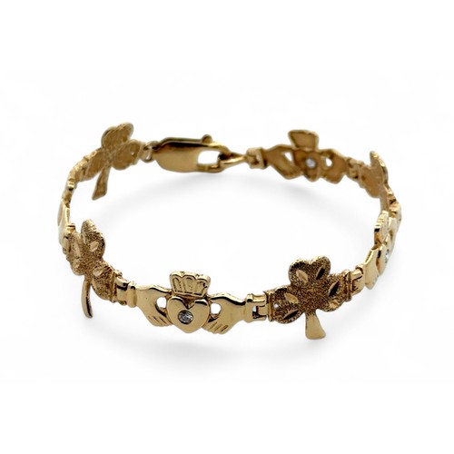 37 - Shamrock and Claddagh gold and diamond bracelet stamped 375 (9ct gold).  Alternate links of textured... 