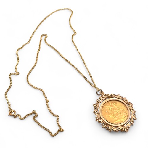 78 - A sovereign pendant necklace. A 1968 sovereign set into a hallmarked 9ct gold mount, suspended on an... 