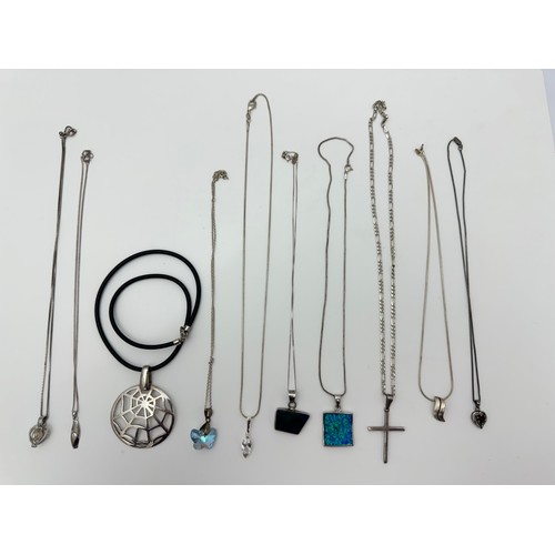 97 - Ten silver pendant necklaces, including a synthetic opal pendant, a labradorite pendant, a CZ pendan... 