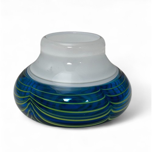 388 - Ian Bamforth (British, Contemporary), round studio glass bowl with blue base and yellow spiral patte... 