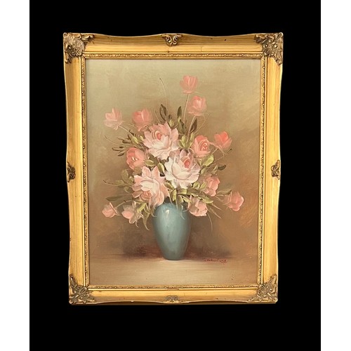 431 - 20th Century pink roses still life oil on canvas. Signed to lower right S. Whiting, framed ornately.... 