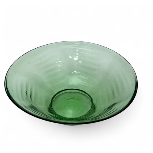 398 - Whitefriars, mid-century wave ribbed studio glass green bowl. Height 10.5cm, diameter 25.5cm.