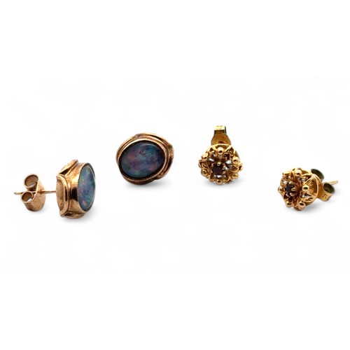 59 - A pair of hallmarked 9ct gold and garnet earrings and a pair of opal triplet earrings stamped 9ct. G... 