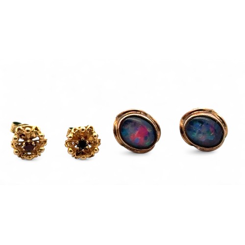 59 - A pair of hallmarked 9ct gold and garnet earrings and a pair of opal triplet earrings stamped 9ct. G... 