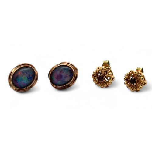 59 - A pair of hallmarked 9ct gold and garnet earrings and a pair of opal triplet earrings stamped 9ct. G... 