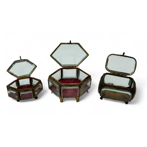 155 - Three 19th Century glass jewellery / trinket caskets, possibly French. Includes two hexagonal boxes ... 