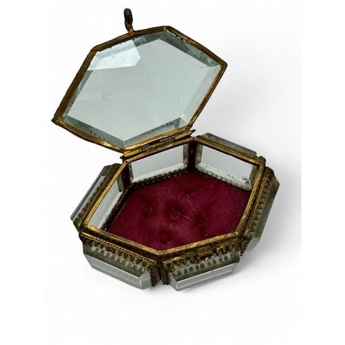 155 - Three 19th Century glass jewellery / trinket caskets, possibly French. Includes two hexagonal boxes ... 