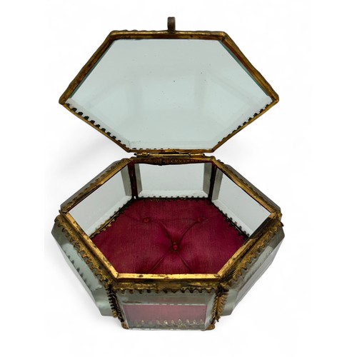 155 - Three 19th Century glass jewellery / trinket caskets, possibly French. Includes two hexagonal boxes ... 