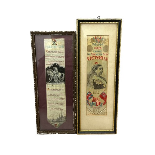 303 - Pair of Victorian silk bookmarks, to include; Victoria 1837-1887 Queen of an Empire on which The Sun... 