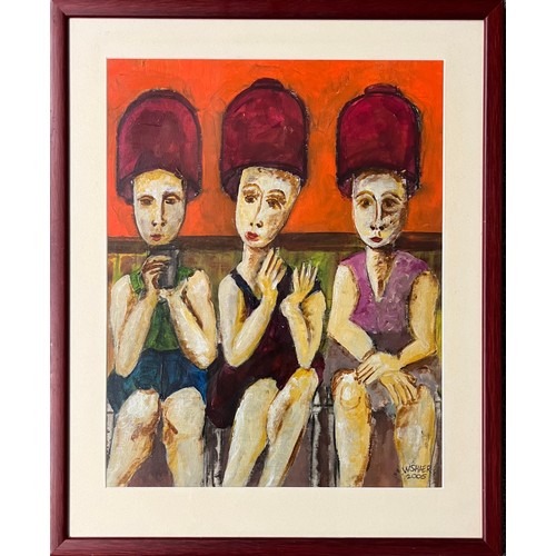 440 - W. Shaer (British, Contemporary), Three ladies in a salon acrylic on canvas paper, 2005. Signed to l... 