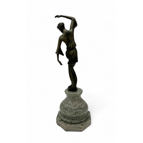 380 - Bronze sculpture of a dancing lady stood on a marble plinth. Unsigned. Height 38cm.