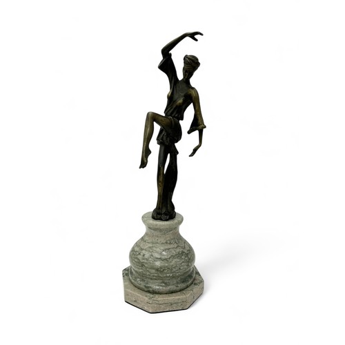 380 - Bronze sculpture of a dancing lady stood on a marble plinth. Unsigned. Height 38cm.