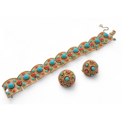 99 - A Trifari bracelet set with blue and pink cabochons, with matching clip on earrings.