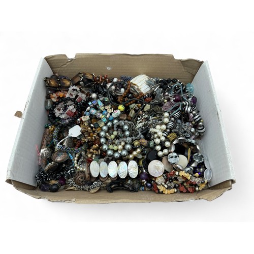 127 - A box of hardstone, mineral and costume jewellery.