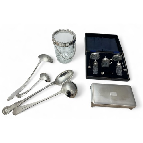 175 - A cut glass silver mounted cruet set, a silver plated Edinburgh Crystal ice bucket and a silver plat... 