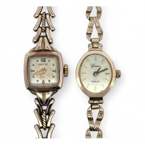 129 - Two ladies 9ct gold cocktail watches on 9ct gold bracelets. A Hefix watch case width 15mm, and a Gen... 