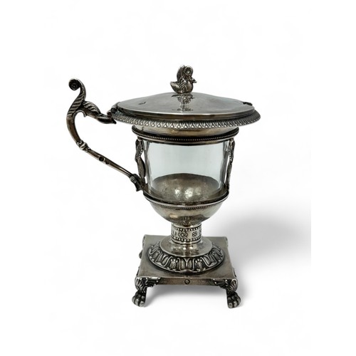 157 - A French Empire style silver and glass pedestal urn mustard pot by Pierre-Jacques Meurice, Paris cir... 