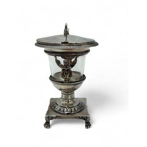 157 - A French Empire style silver and glass pedestal urn mustard pot by Pierre-Jacques Meurice, Paris cir... 