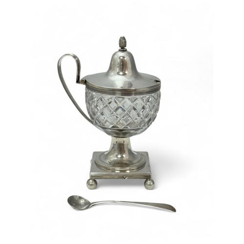 156 - A 19th Century Hendrik Van Der Wolk silver & glass pedestal urn mustard pot circa 1820s. Square base... 