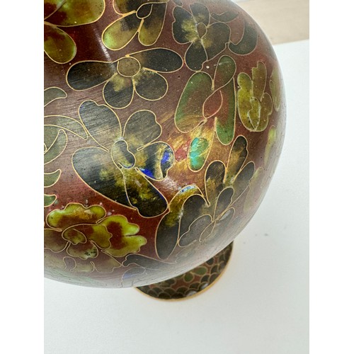 329 - Cloisonne vase with oriental floral design. Height 24cm. Small area of damage to one side (see secon... 