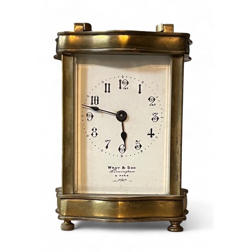 313 - Early 20th Century French brass carriage clock, retailed by Wray & Son Birmingham & Paris. White ena... 