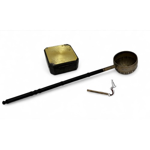 173 - A silver toddy ladle with ebonised handle, a silver and enamel hinged box with wooden interior, widt... 