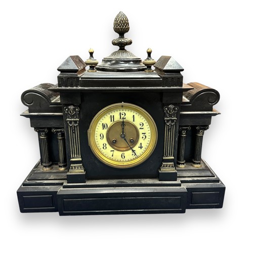 308 - Two Large Black Slate Clocks. Very heavy, no makers mark on both. UNTESTED. BUYER TO COLLECT OR ARRA... 