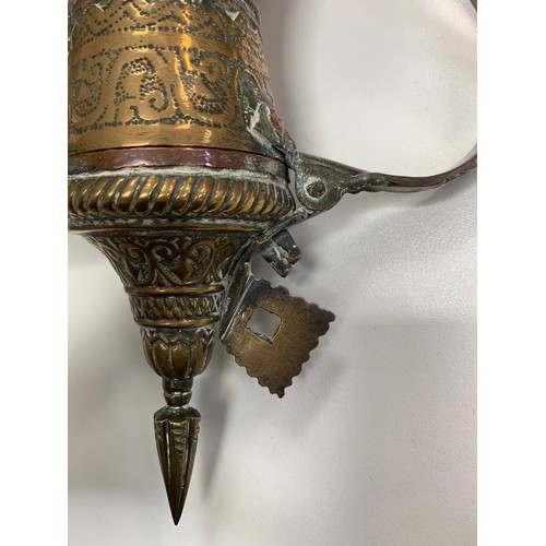 347 - Middle Eastern / Arabic copper Dallah coffee pot with pinhole style decoration, height 29cm. Plus, f... 