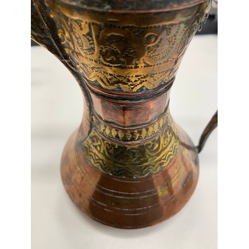 347 - Middle Eastern / Arabic copper Dallah coffee pot with pinhole style decoration, height 29cm. Plus, f... 