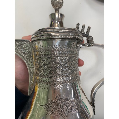 347 - Middle Eastern / Arabic copper Dallah coffee pot with pinhole style decoration, height 29cm. Plus, f... 