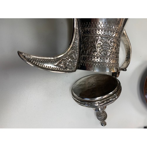 347 - Middle Eastern / Arabic copper Dallah coffee pot with pinhole style decoration, height 29cm. Plus, f... 