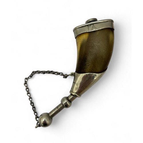 68 - A horn and white metal powder flask, late 19th/ early 20th Century, 12cm in length.