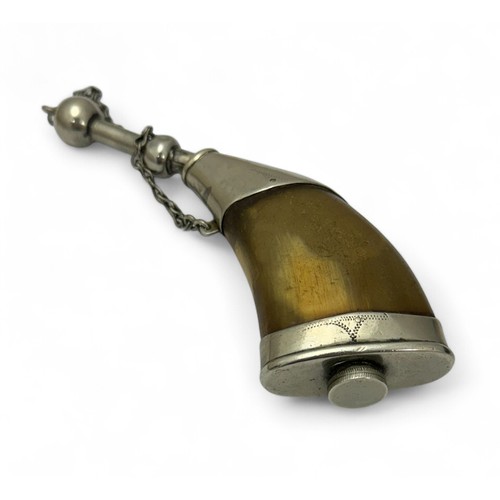 68 - A horn and white metal powder flask, late 19th/ early 20th Century, 12cm in length.