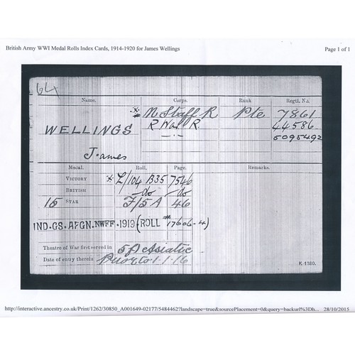 3 - First World War - Pte J. Wellings - 1914-15 Star trio and 1909 India GSM Afghanistan N.W.F. 1919 cla... 