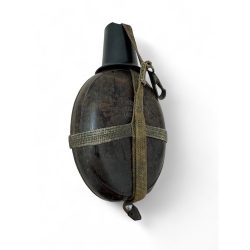 34 - Third Reich wooden water bottle marked D.R.G.M./H.R.E.43/D.R.P.angm/8, with carrying strap, clip and... 