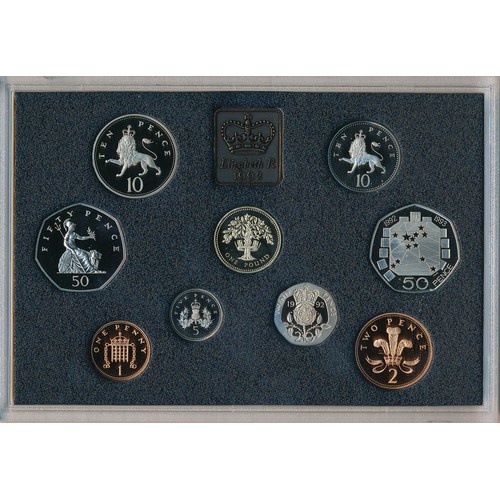 164 - 1992 UK proof cased set of nine coins FDC, with dual date EEC 50p, issued by The Royal Mint, in blue... 