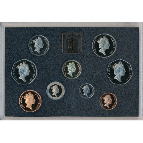 164 - 1992 UK proof cased set of nine coins FDC, with dual date EEC 50p, issued by The Royal Mint, in blue... 